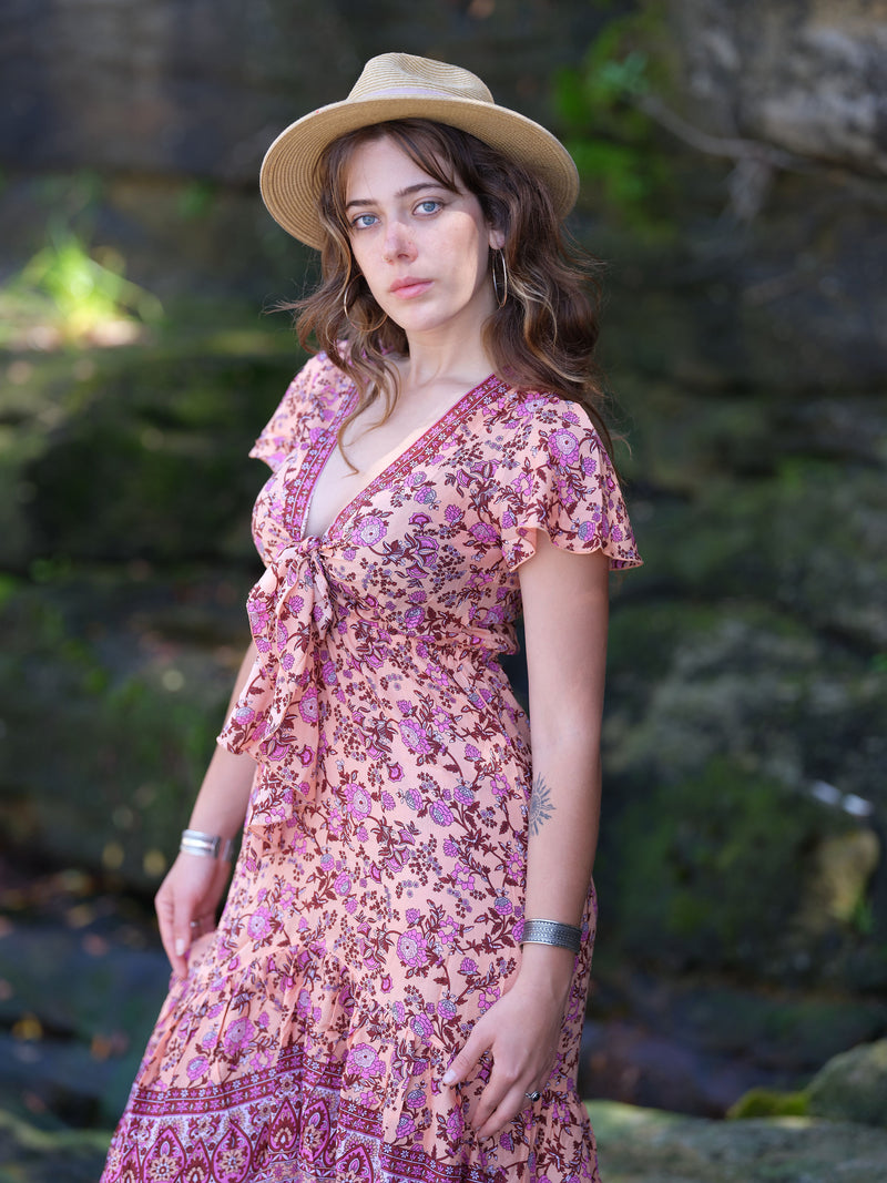 bella midi dress Bella Pink Floral Tiered Ruffle Midi Dress