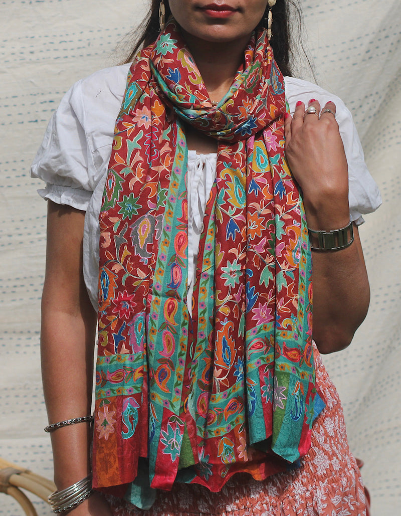 Rust Pashmina Embroidered Scarf