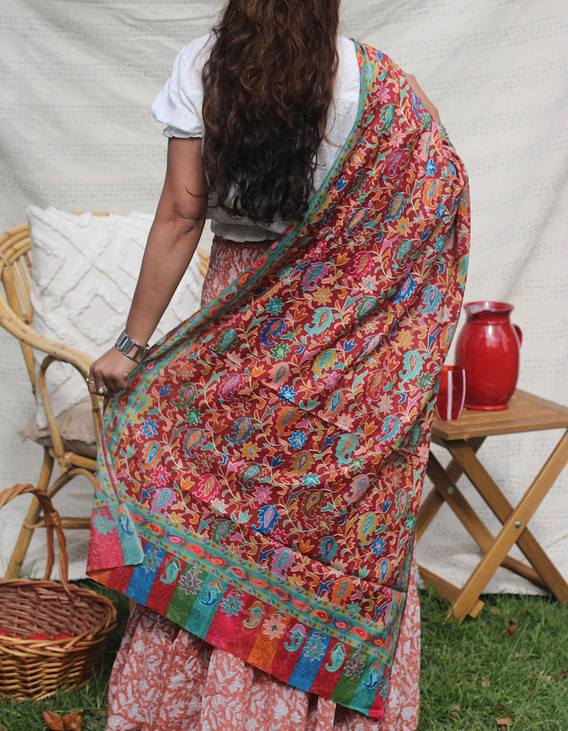 Rust Pashmina Embroidered Scarf