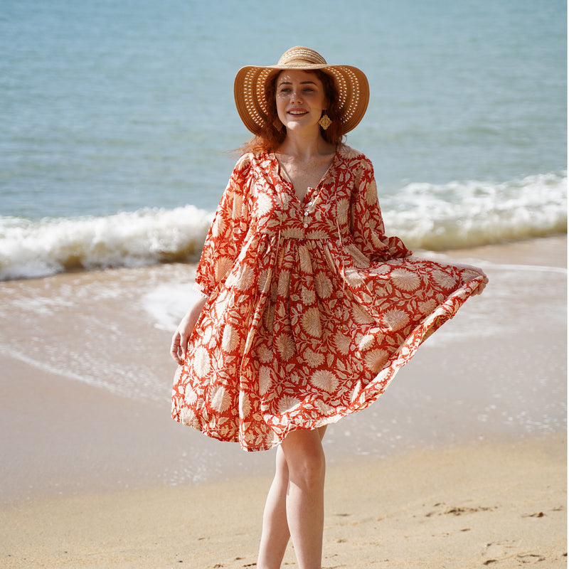 Hawa Short Dress Rust Sunflower – River Goddess Hawa Short Dress Rust Sunflower – River Goddess